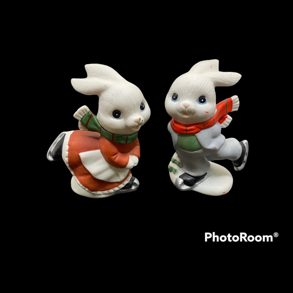 Homco Ice Skating Bunny Couple Figurines
